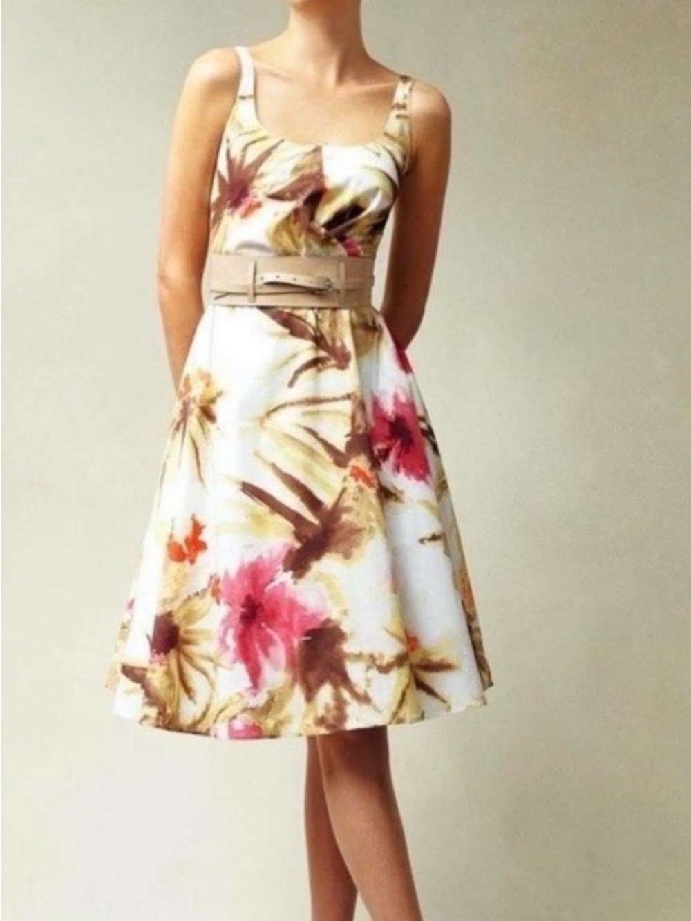 Talbots Floral Fit-and-Flare Midi Dress in White, Pink & Brown, sz small or sz 4